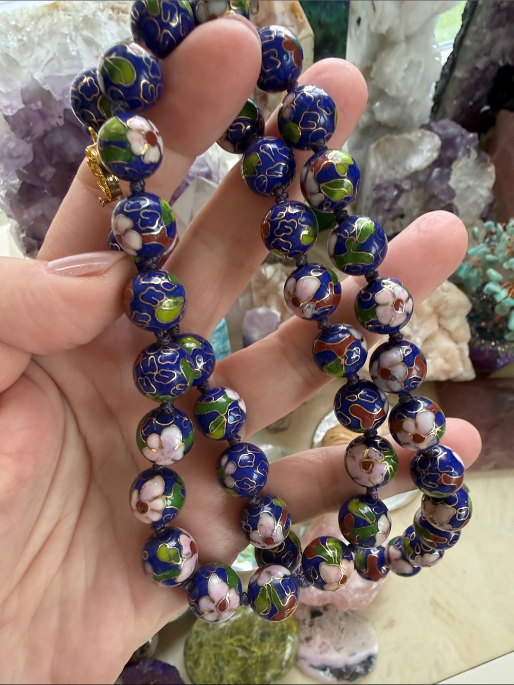 Cloisonné Long Large  Floral Bead Necklace in Deep Blue and Green